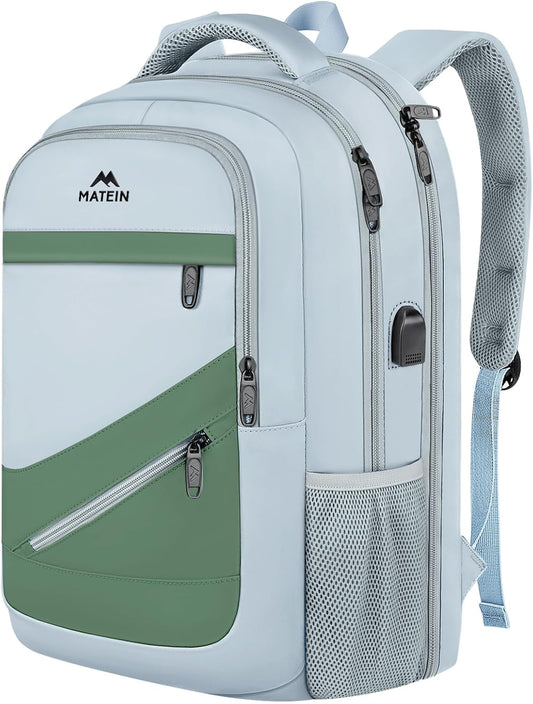 MATEIN Large Laptop Backpack for Women, Stylish 17 Inch Lightweight Outdoor Bag with USB Charging Port & Luggage Strap, Water Resistant Travel Computer College Backpack, Blue Green