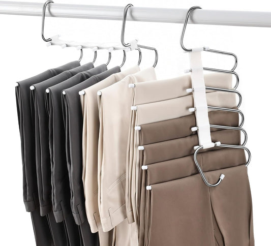 Upgraded Collapsible Pants Hangers Space Saving, 6 Layers Clothes Rack, Stainless Steel Multifunctional Closet Organizer, Non Slip Metal Hangers for Pants Jeans Skirts Trousers (1 Pack)