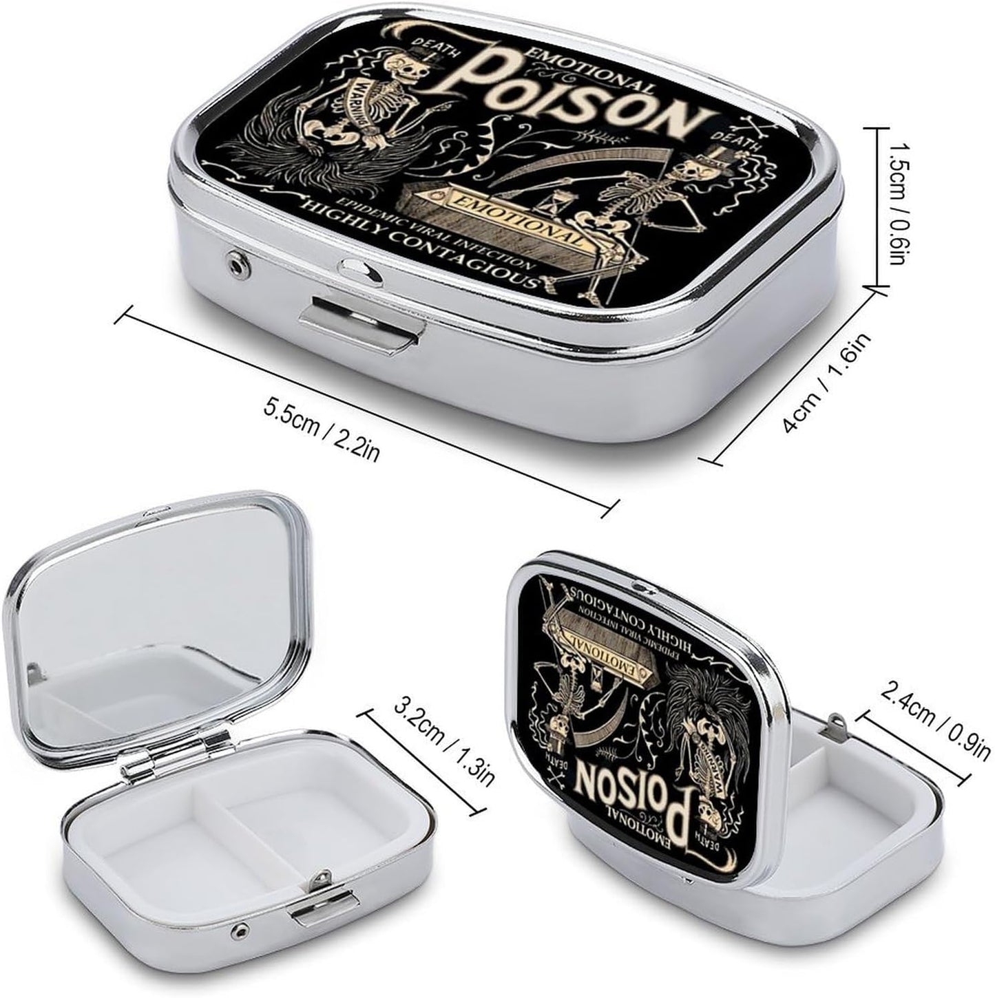Metal 2 Compartment Pill Organizer Travel Friendly Portable Compact Pill Box Cute Pill Case to Hold Vitamins,Fish Oil,Supplements,Meds,Tablet for Purse,Pocket. (Black Background)