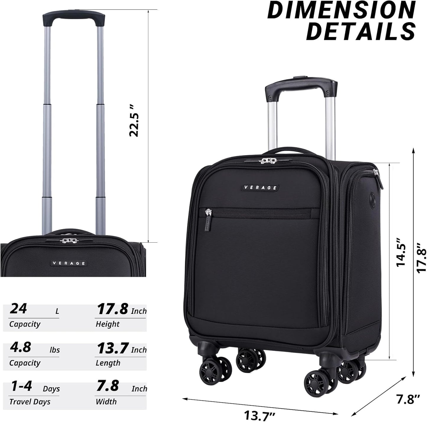 Verage Underseat Carry On Luggage with Wheels, 14.5-Inch Spinner Small Suitcase, Softside Lightweight Travel Bag for Men and Women, Airplane Carry On Bag, Black