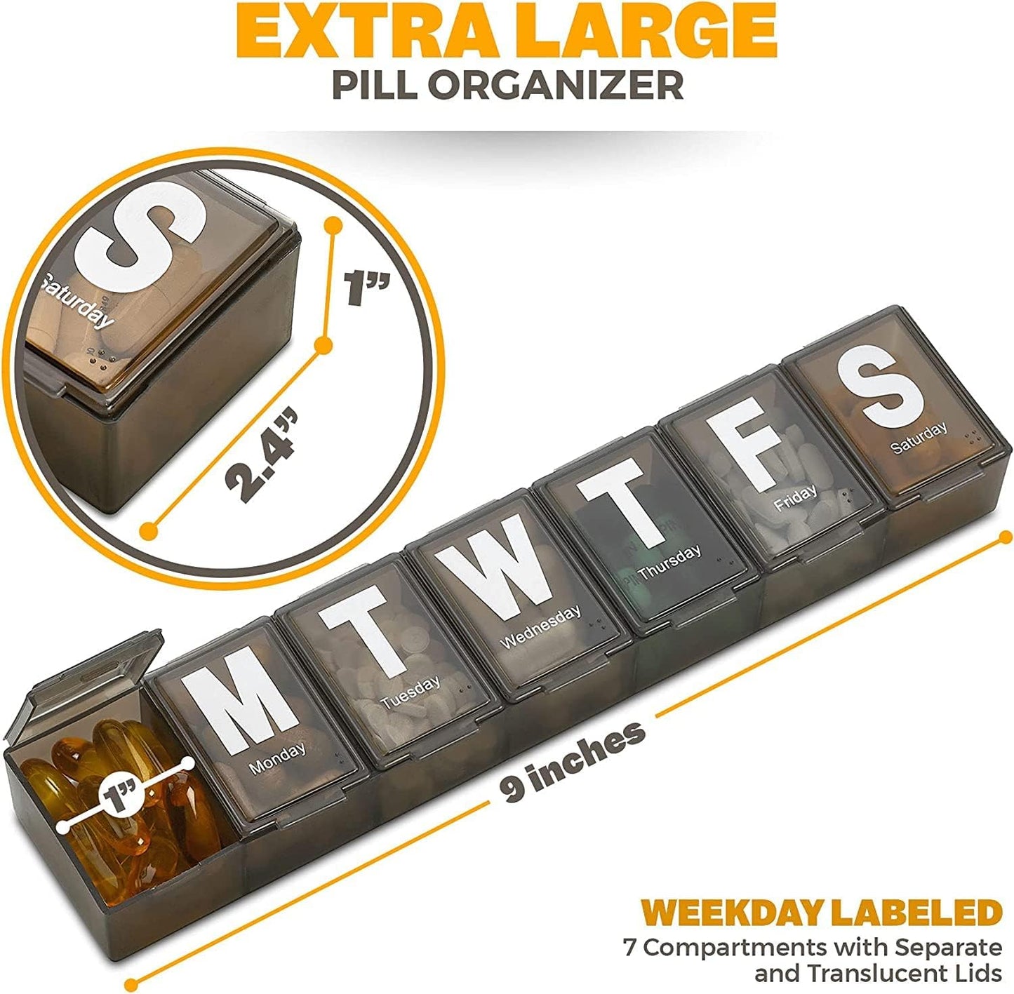 Weekly Pill Organizer - (Pack of 3) Extra Large Vitamin Container with Jumbo Easy to Read Letters, BPA Free - Daily Travel 7 Day Medication Pill Box Case, (Black)