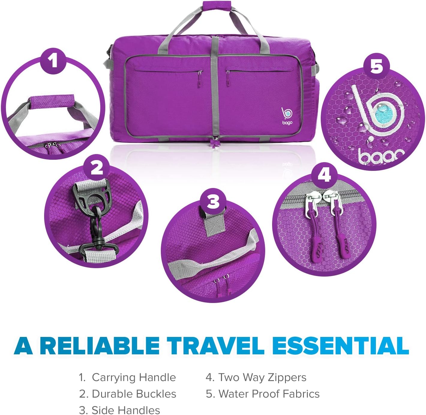 Bago Large Foldable Duffel Bags for Traveling Women & Men - 120L Packable Duffle Bag for Travel with Shoe Compartment - Water Repellant, Heavy Duty, Lightweight Folding & Collapsible (Purple)