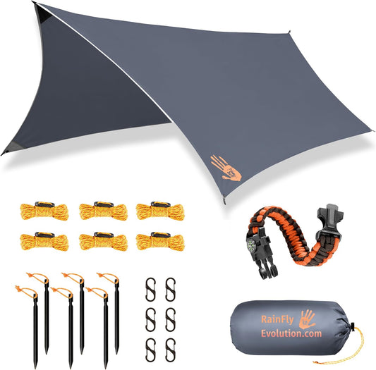 Rain Fly12x10 Lightweight Survival Camping Tarp; 100% Waterproof; Makes a Great Backpacking Tarp or Hammock Shelter; Comes in Multiple Colors, Survival Bracelet Included; Grey