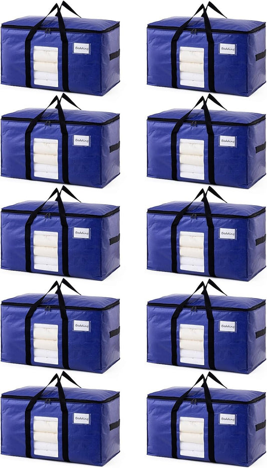 TAILI 10 Pack Dark Blue Extra Large Moving Bags, Heavy Duty Totes with Visible Window, Wrap Around Handles, Great for Space-Saving