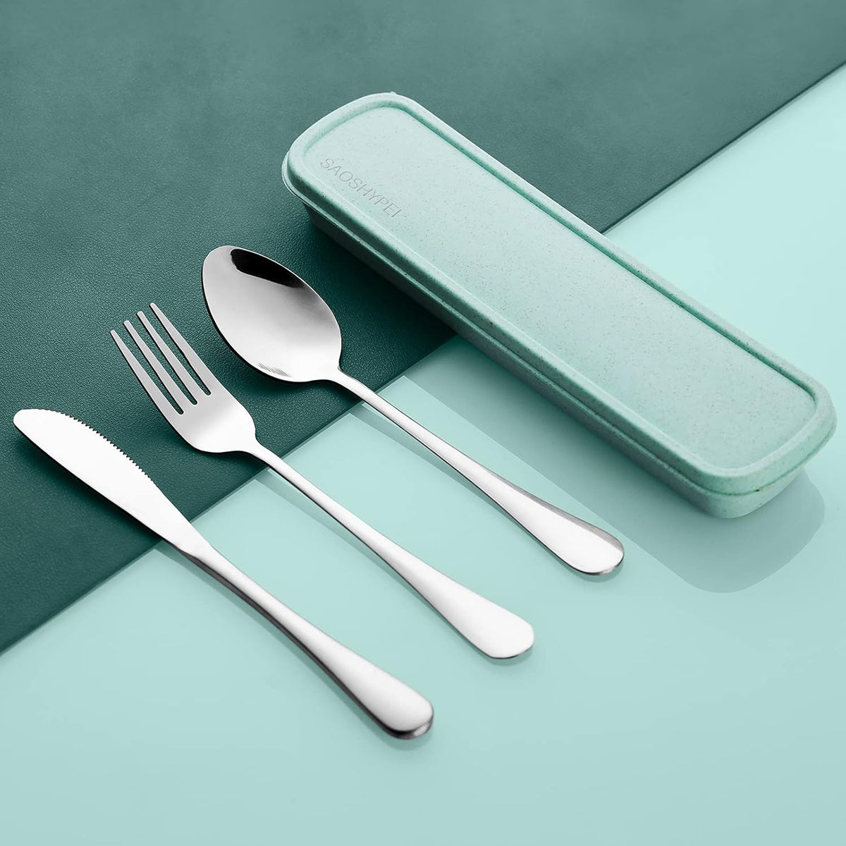 Portable Utensils Set with Case, 4pcs Stainless Steel Reusable Silverware for Lunch Camping School Picnic Workplace Travel, Lunch Box Includ Fork Spoon Knife,Easy to clean,Dishwasher Safe