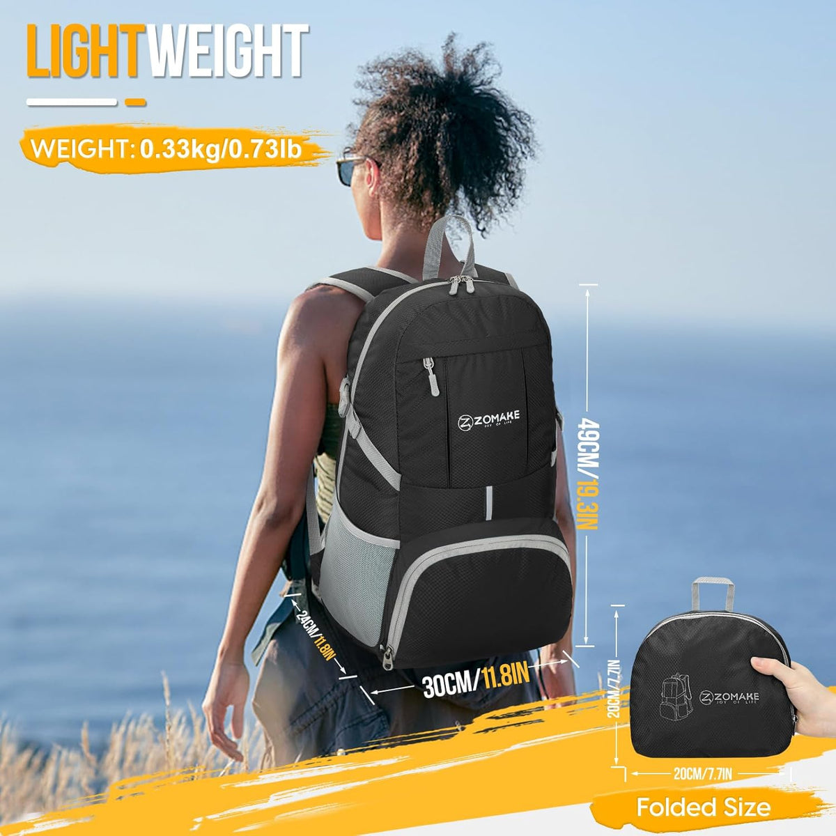 ZOMAKE Lightweight Packable Backpack 35L, Light Foldable Backpacks Water Resistant Collapsible Hiking Bag, Compact Folding Day Pack for Travel Camping(Black)
