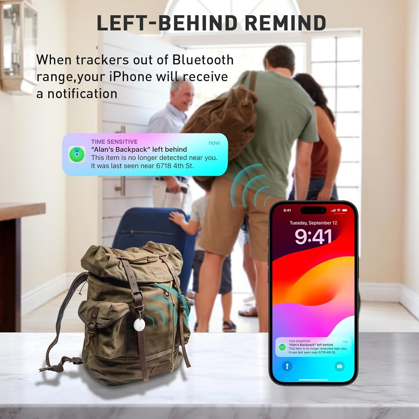 Smart Tracker Tags, Bluetooth Luggage Tracker with Keychain, Compatible with iOS Find My app, Item Locator for Key, Wallet, Suitcase, Bags, IP67 Waterproof, Battery Include