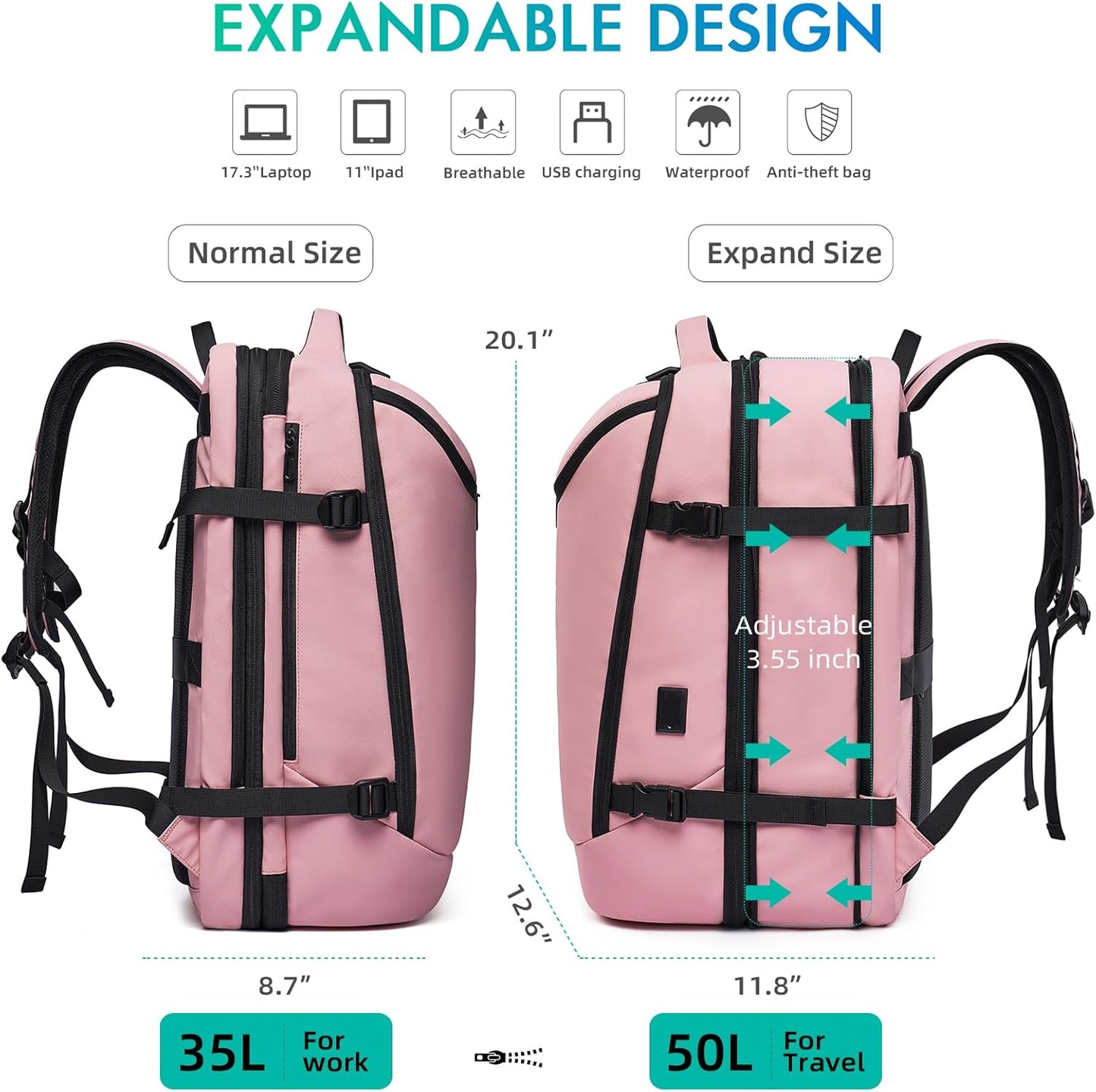 Travel Backpack for Women, 50L Carry On Backpack, Expandable Flight Approved Water Resistant Luggage with 3 Packing Cubes & USB Port, Laptop Backpack Fits 17.3 Inch Notebook