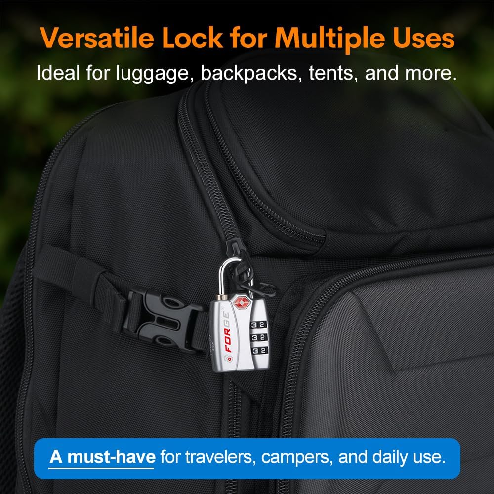 Forge TSA Luggage Combination Lock - Open Alert Indicator, Easy Read Dials, Alloy Body- Ideal for Travel, Lockers, Bags (Silver)