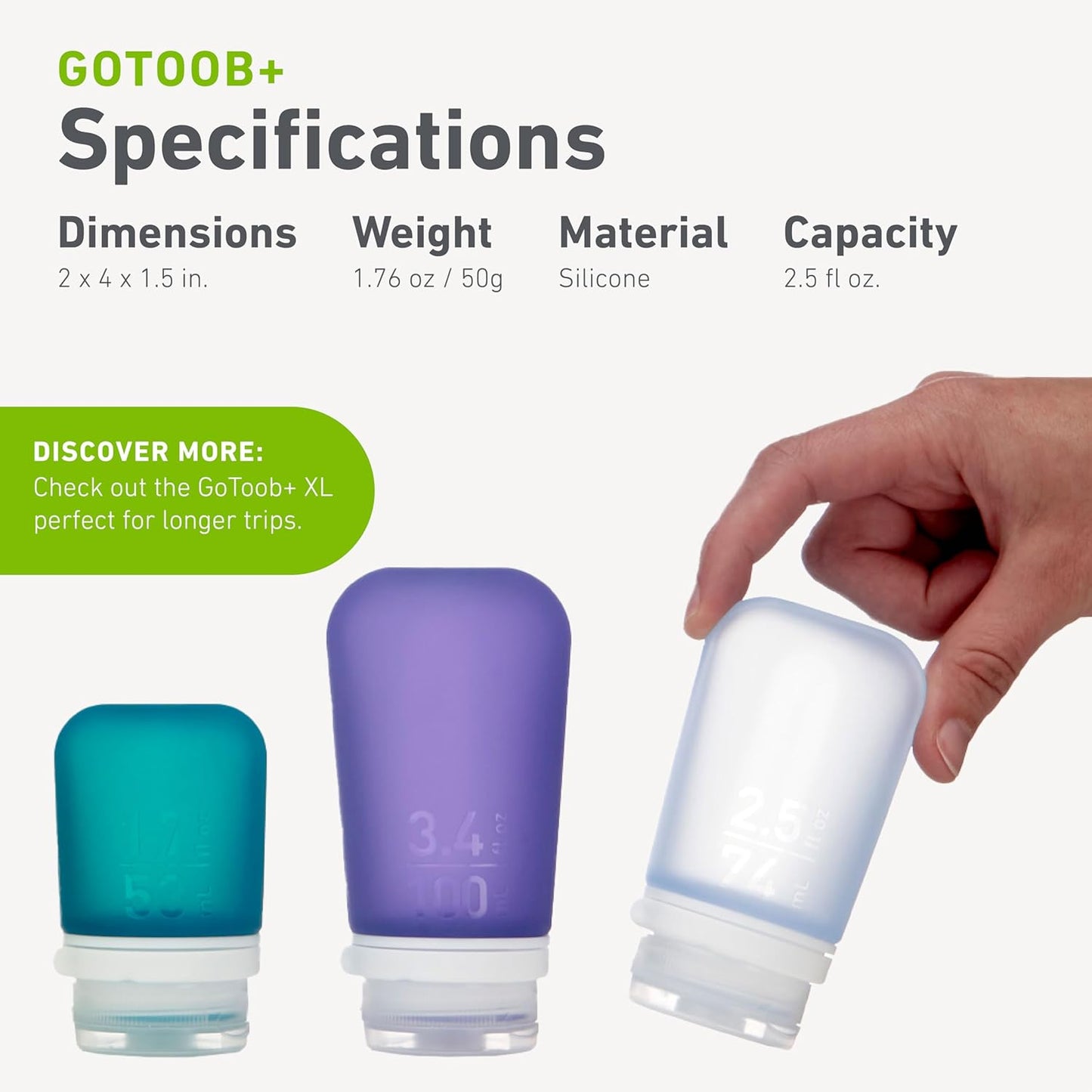 humangear GoToob+ 3-Pack (Medium) | Refillable Silicone Travel Bottle | Locking Lid | Food-Safe Material, Clear/Red/Orange, Medium (2.5 fl.oz.; 74ml)