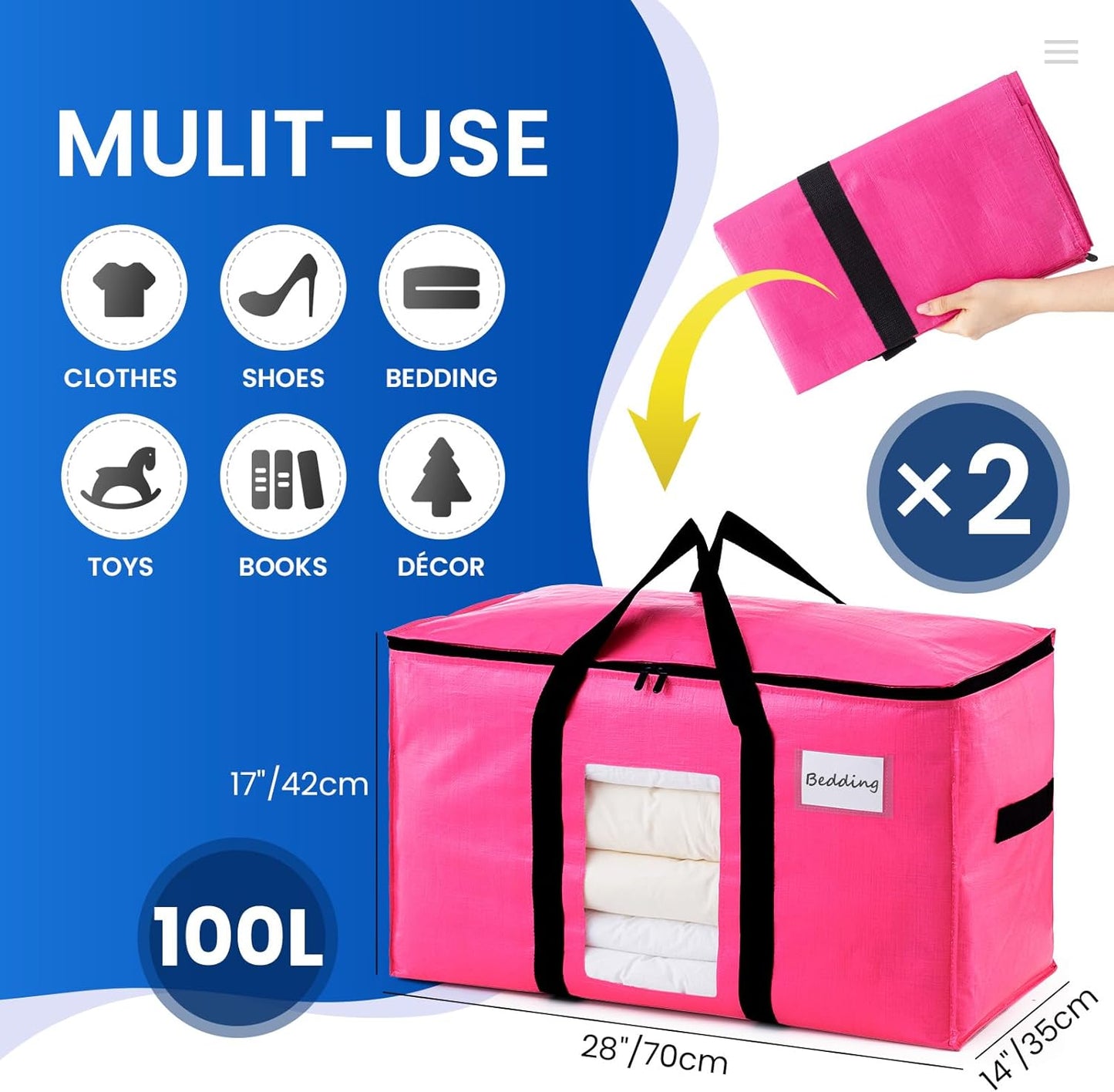 TAILI 2 Pack Pink Extra Large Moving Bags, Heavy Duty Totes with Visible Window, Wrap Around Handles, Space-Saving Storage, Alternative to Moving Boxes