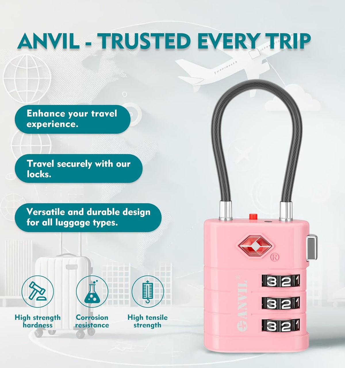 ANVIL TSA Approved Luggage Locks – High Security TSA008 Combination Travel Locks with Inspection Indicator for Suitcases and Backpacks. (2, Pink)