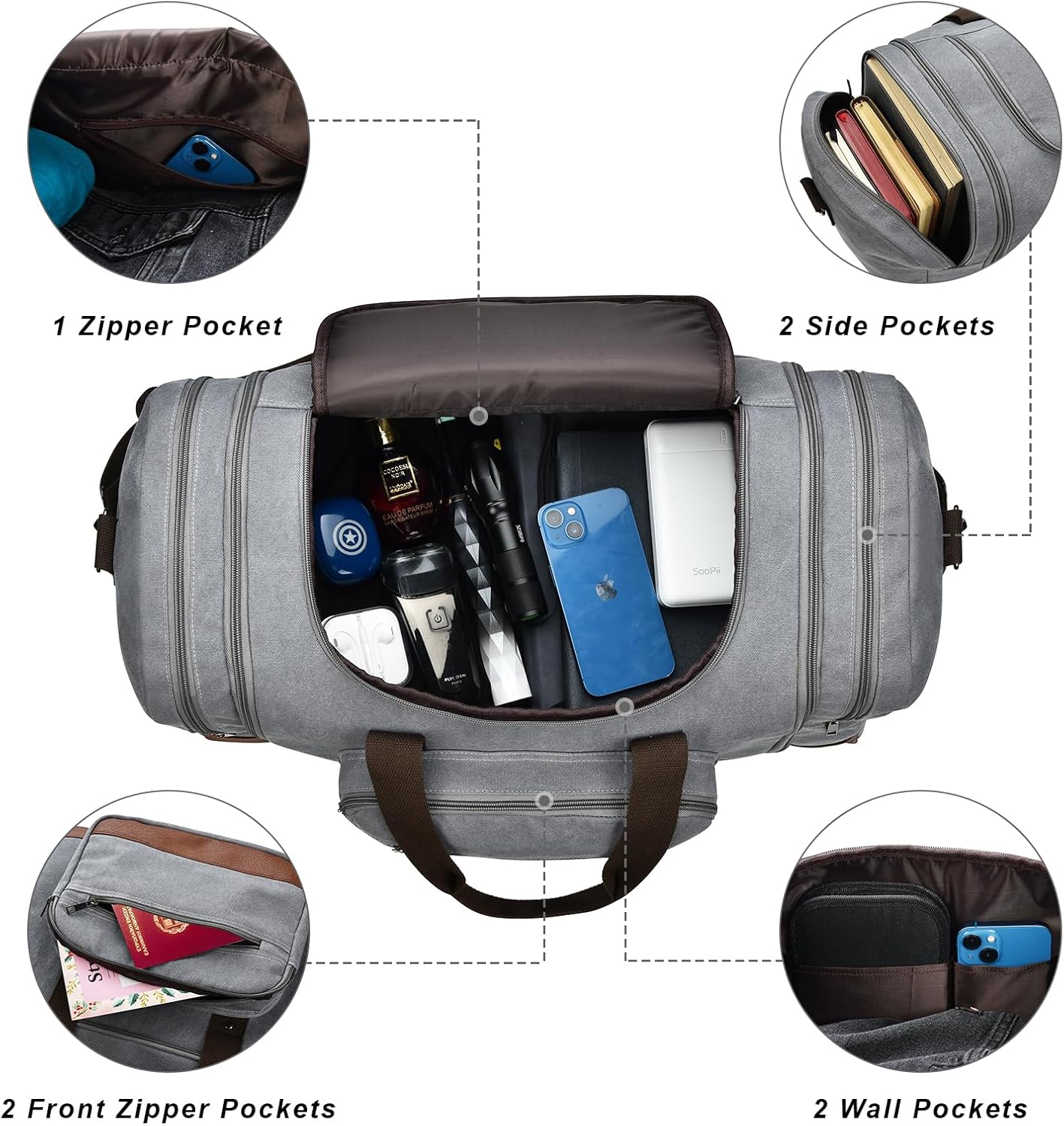 Litvyak Duffle Bag for Travel, Large 60L Canvas Travel Duffel Bags Overnight Weekend Gym Carry On Luggage Bag for Men & Women(Grey)