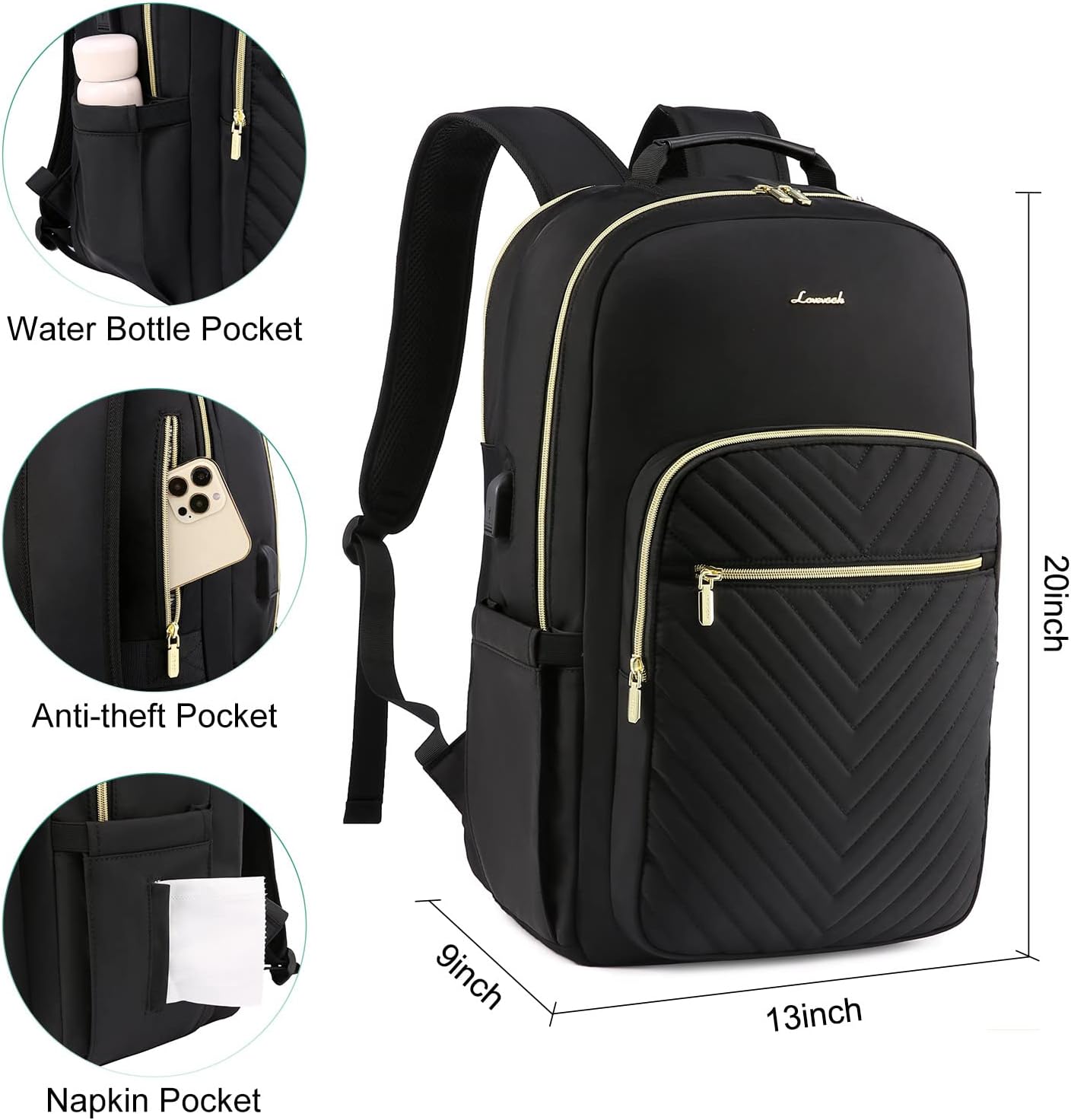 LOVEVOOK Large Travel Backpack Women with 17.3-inch Laptop Compartment, Work Business Computer Carry On Backpack Purse, Hiking Backpack Waterproof Outdoor Sports Rucksack Bag, Black