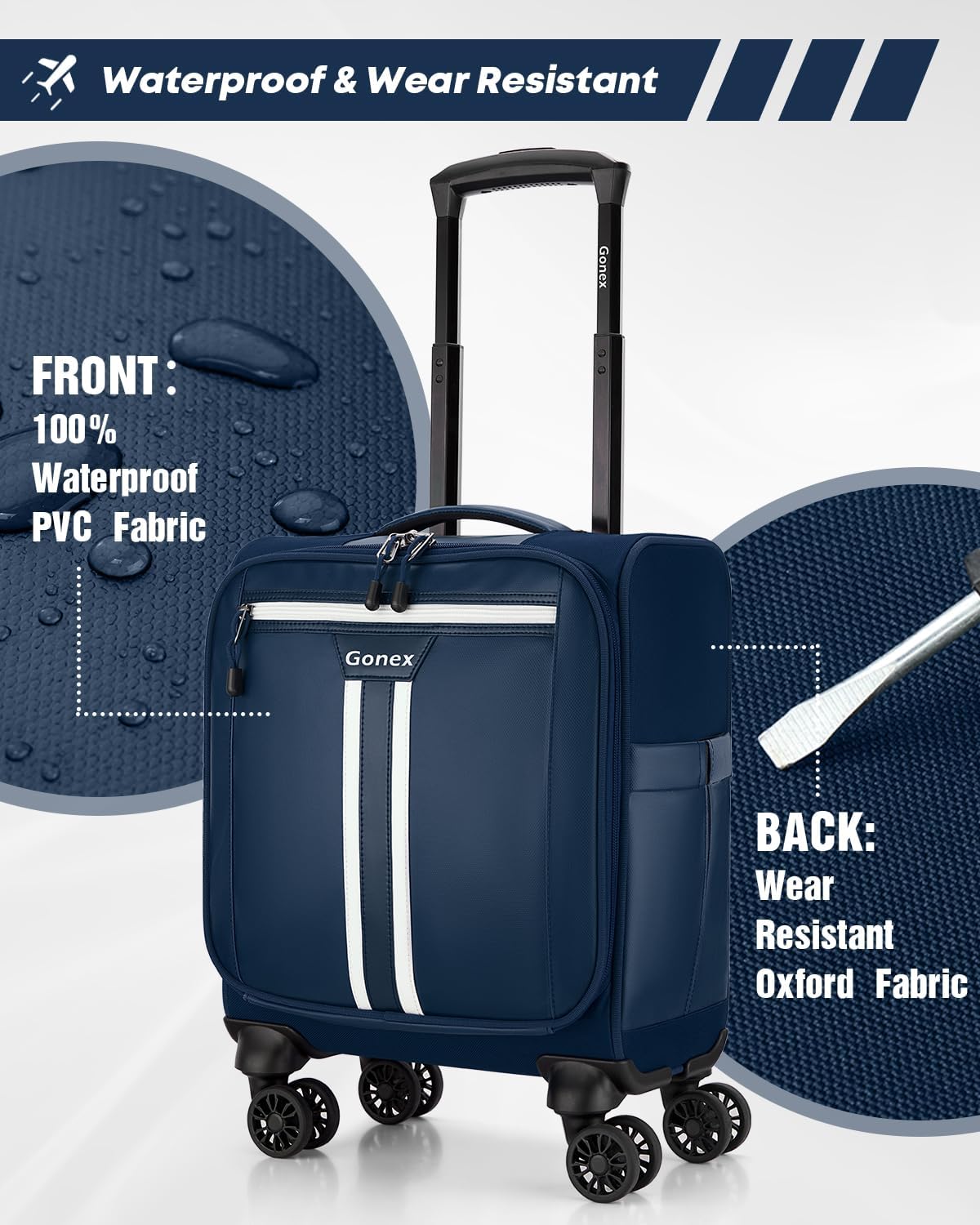Gonex 16 inch Underseat Carry On Luggage with Spinner Wheels, Water Resistant PVC Wheeled Travel Bag Airline Approved, Softside Small Rolling Personal Item Suitcase for Men Women, Blue