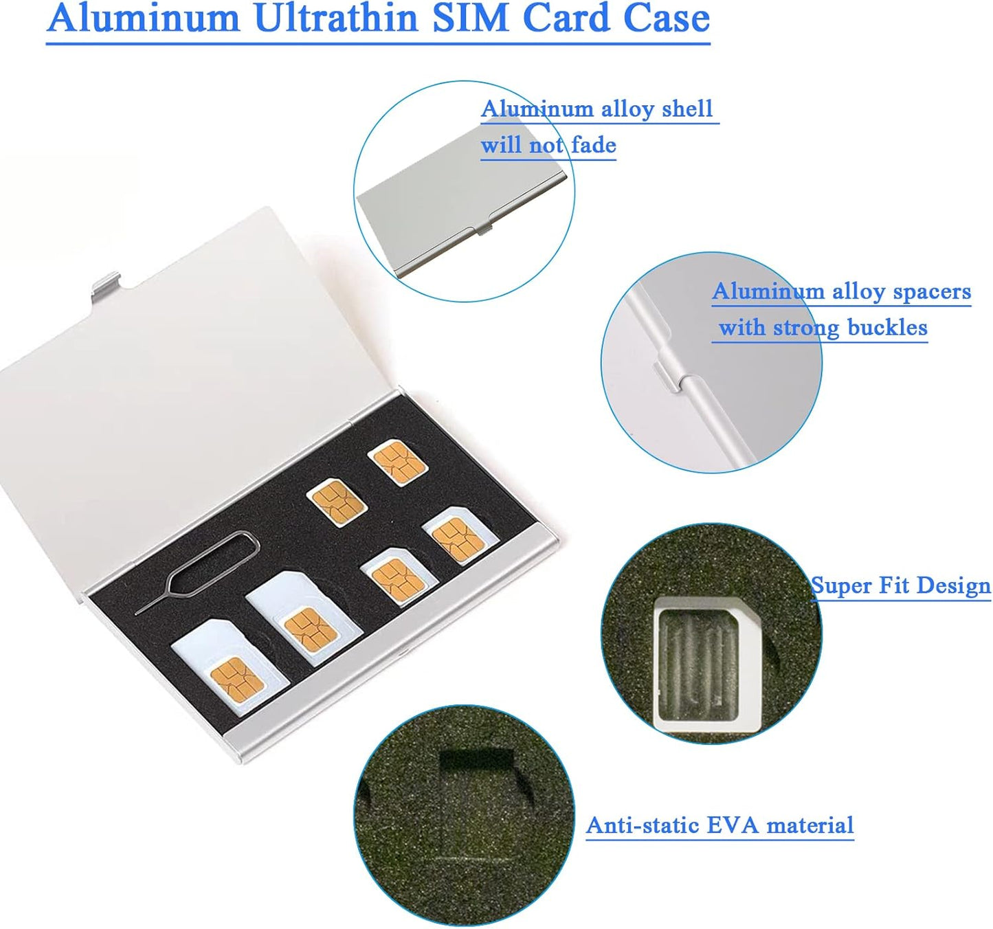 Aluminum SIM Card Case, 6Slots Ultrathin SIM Card Holder with SIM Card Adapter Kit for Travelers or Holiday Trip (6SIM+Silver)