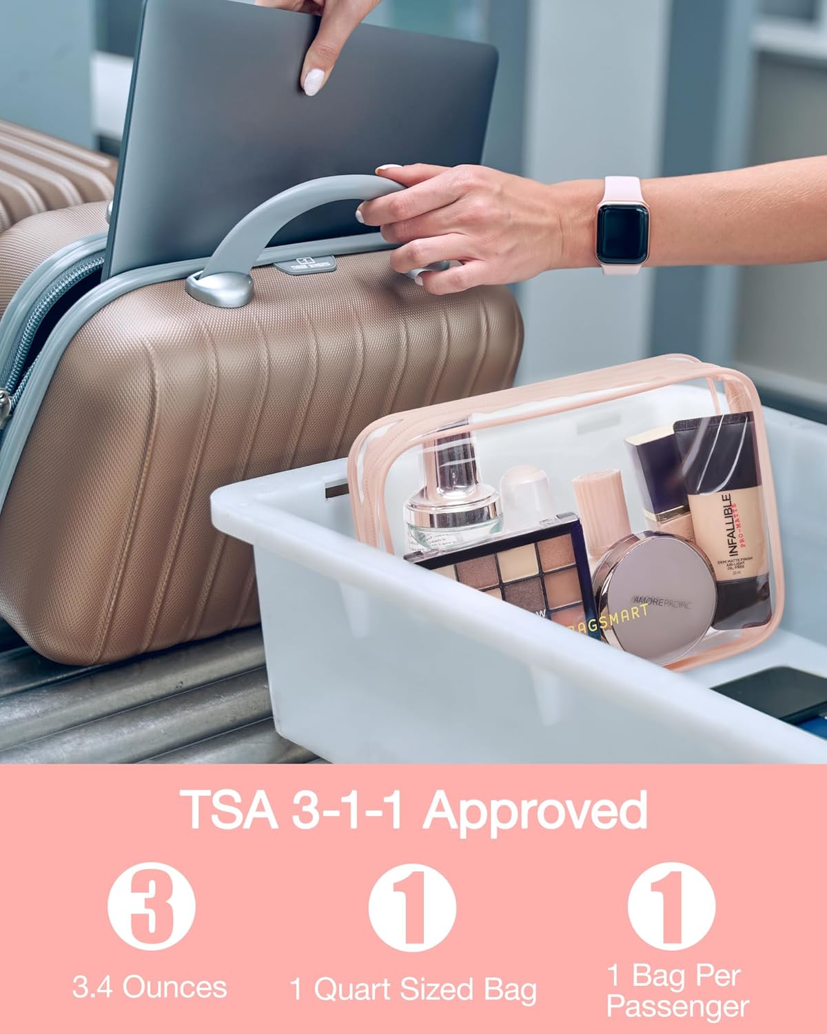 BAGSMART Clear Toiletry Bag, 3 Pack TSA Approved Travel Toiletry bag Carry on Travel Accessories Bag Airport Airline Quart Size Bags Water Repellent Makeup Cosmetic Bag for Women (Nude Pink-3pcs)