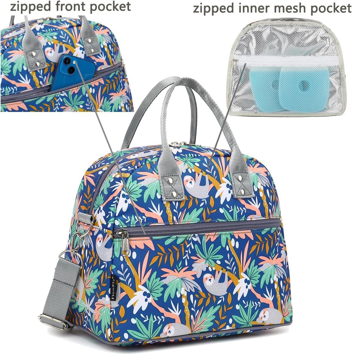 FlowFly Insulated Lunch Bag With Shoulder Strap for Women, Men, and Kids, Large and Reusable, Handle, Freezable Work and School Travel Tote and Meal Prep Organizer,Sloth
