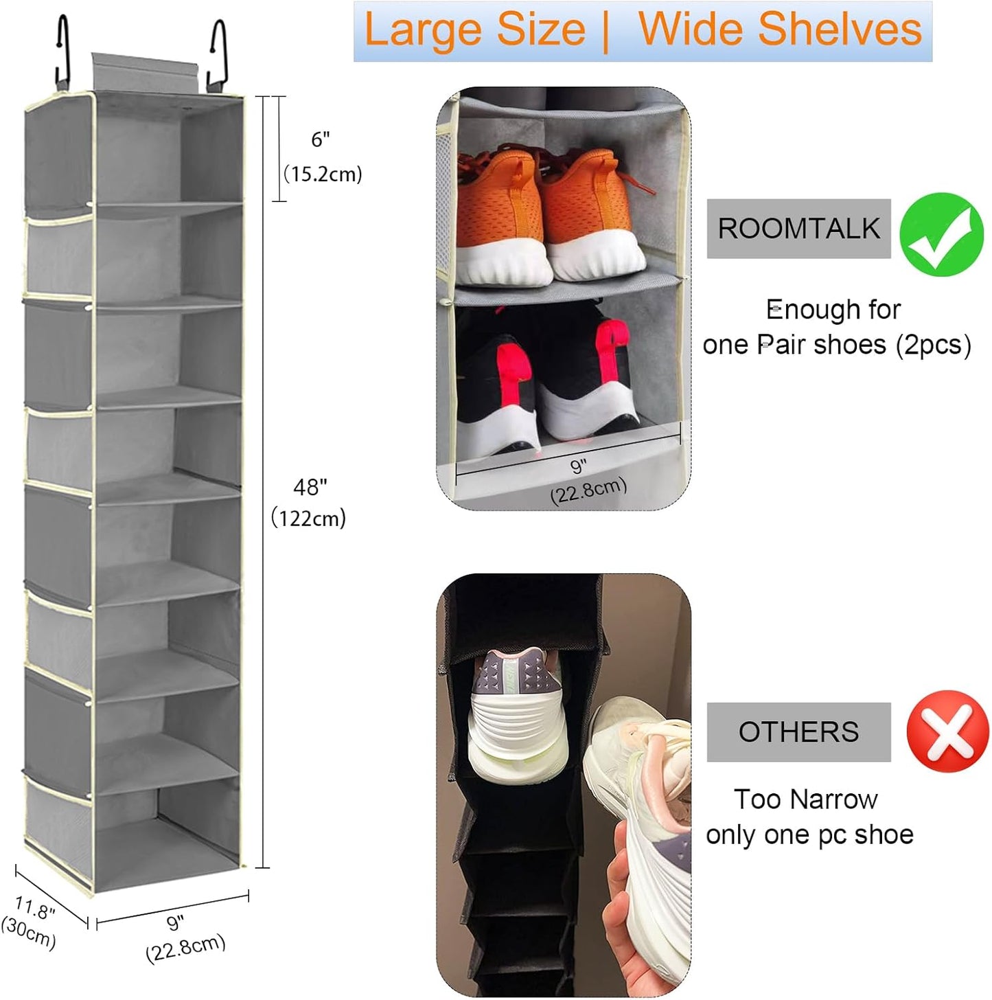 2 Pack Large-Sized Hanging Shoe Organizer 8-Shelf, Hanging Closet Organizer with 8 Side Pockets, Wider Hanging Shelves for Storage Shoes Clothes 9" W × 11.8" D× 48" H, Grey.
