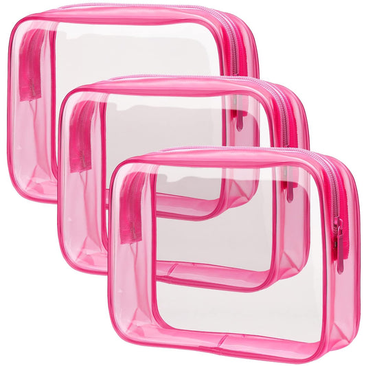 PACKISM Clear Makeup Bags - 3 Pack TSA Approved Clear Travel Bags for Toiletries, Carry on Toiletry Bag TSA Approved Toiletry Bag, Matte Rose Red
