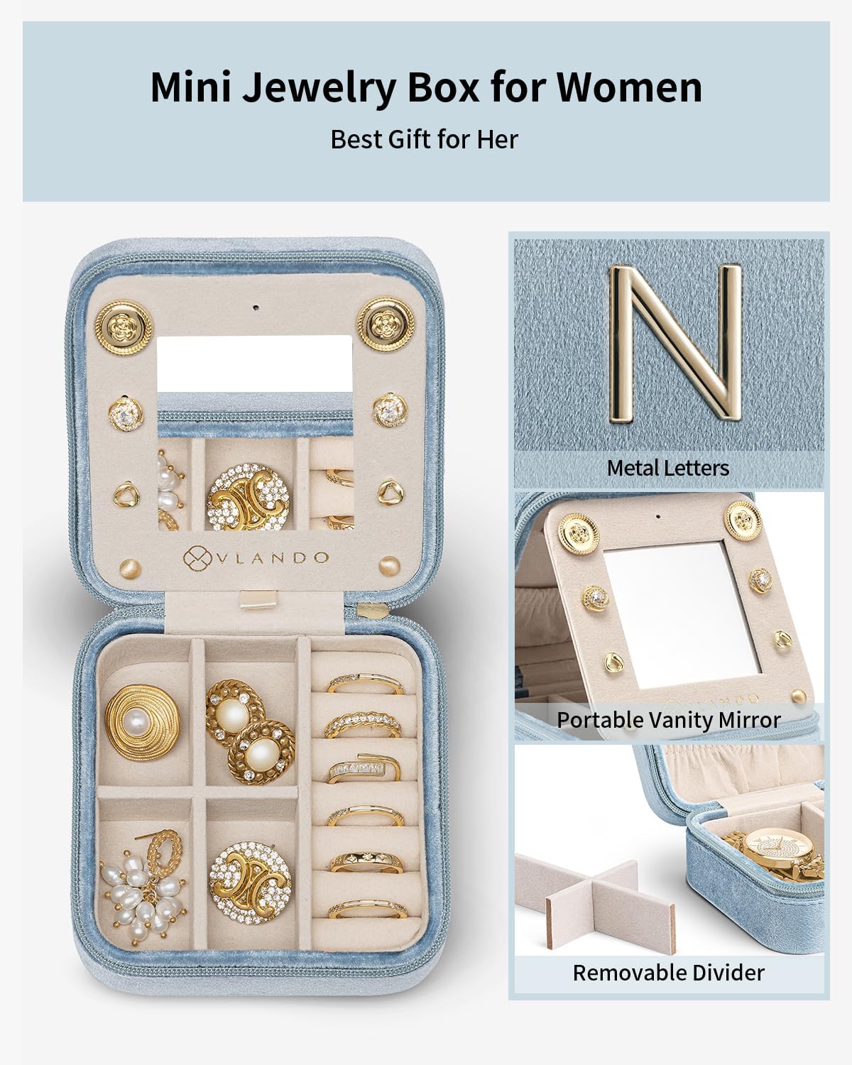 Vlando Graduation Gifts for Her, Graduation Travel Gifts for Women, 2025 Graduation Gifts Travel Accessories for Girls, Graduation Travel Essentials Small Jewelry Box - Letter N, Blue