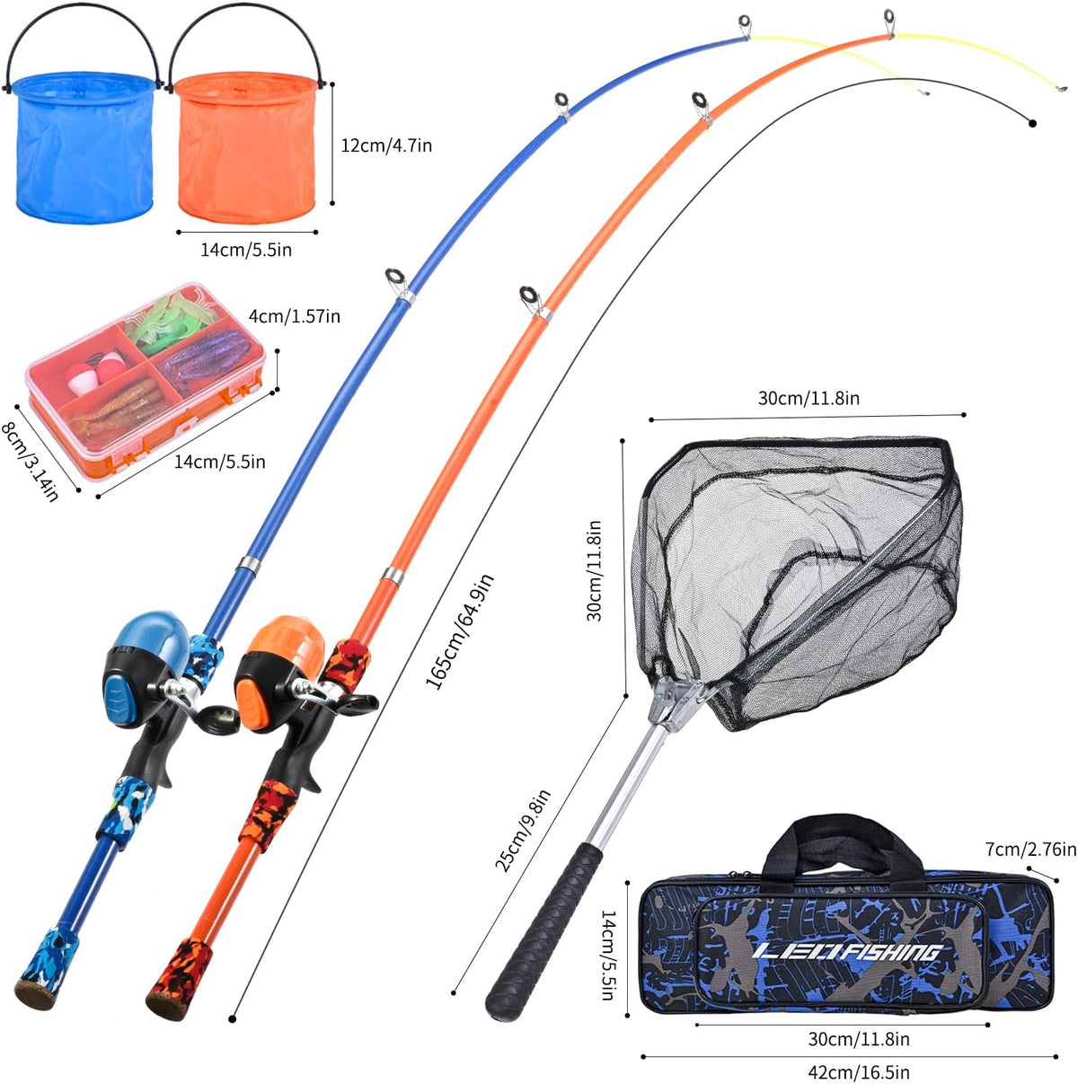 LEOFISHING Portable Kids Fishing Rod Set 2Pack Telescopic Fishing Poles for Boys and Girls Fishing Rod and Reel Combos with Full Kits Fishing Net and Bucket for Toddler Youth
