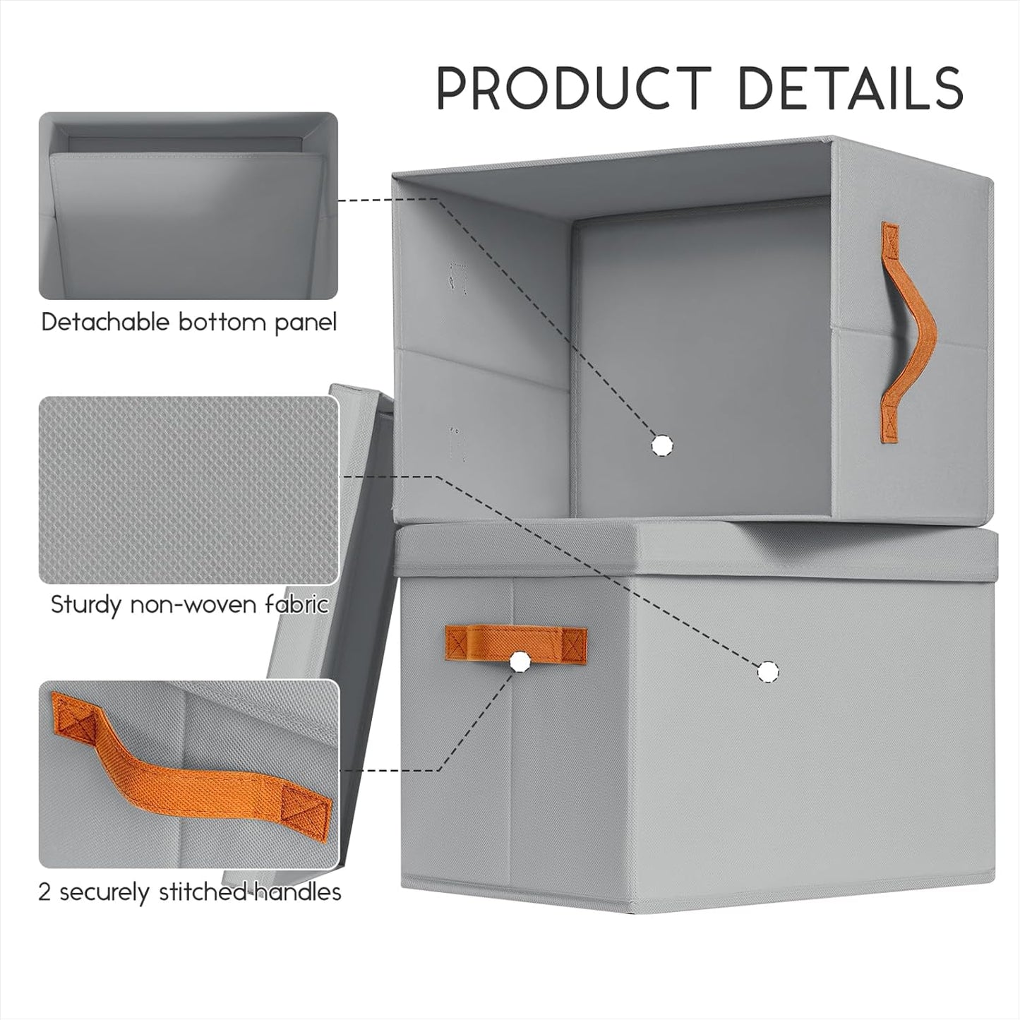 Storage Bins with Lids - Fabric Storage Baskets for Shelves, 6 Pack Foldable Decorative Boxes with Handles, Stackable Organizer Bins for Home, Nursery, Dorm, Grey