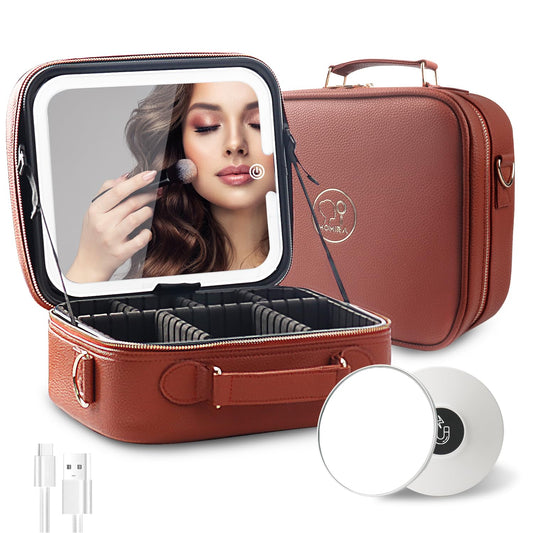 MOMIRA Travel Makeup Bag Cosmetic Bag with Lighted Mirror, Adjustable Brightness in 3 Color Scenarios/Detachable makeup mirror, All-round Upgrade, Waterproof, Gift for Women -Red Brown