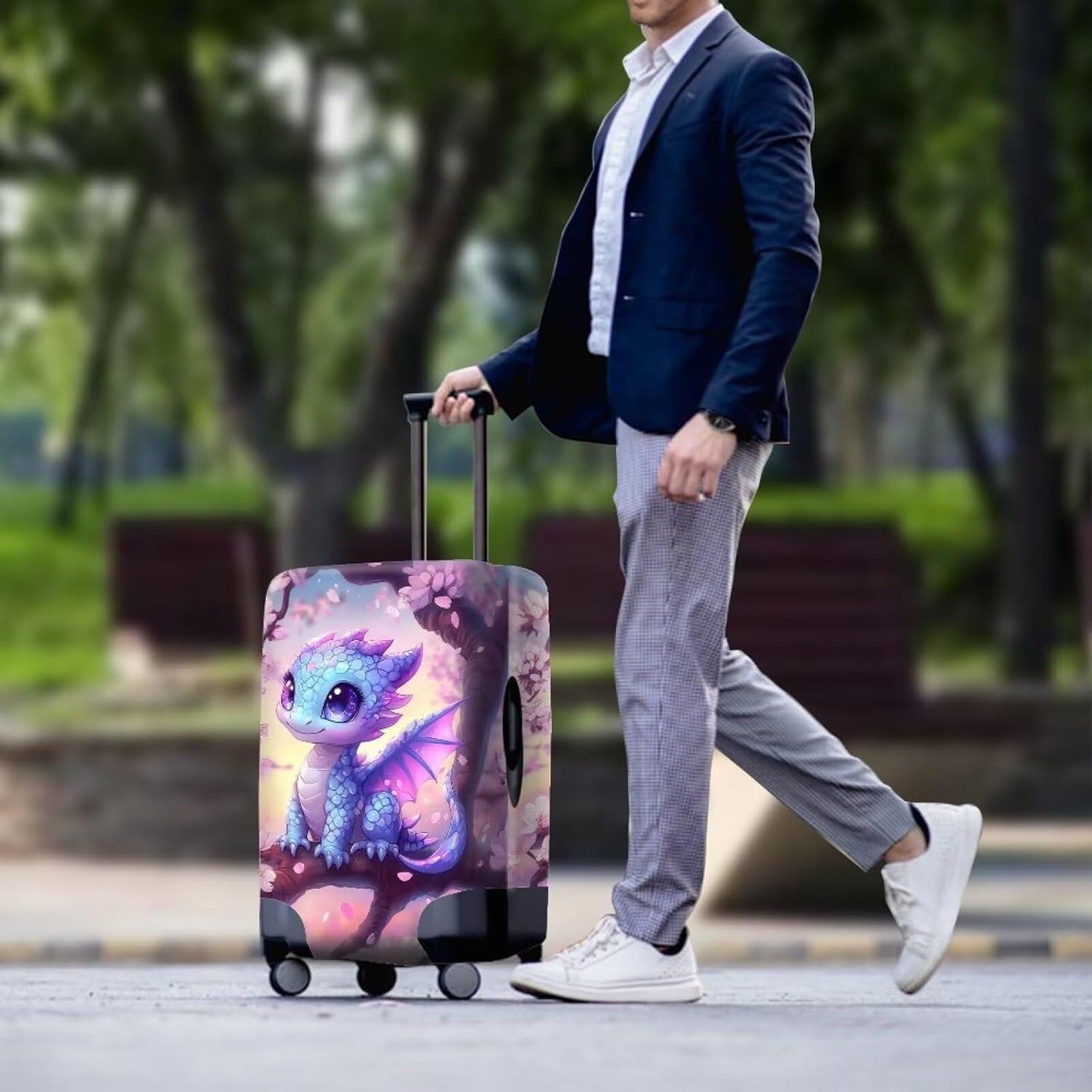 Dragon Suitcase Cover Travel Luggage Protector Washable Elastic Suitcase Covers Anti-Scratch Zip Closure Lugagge Covers for Suitcase Cherry Blossom Luggage Cover Fits 18-21 Inch, S