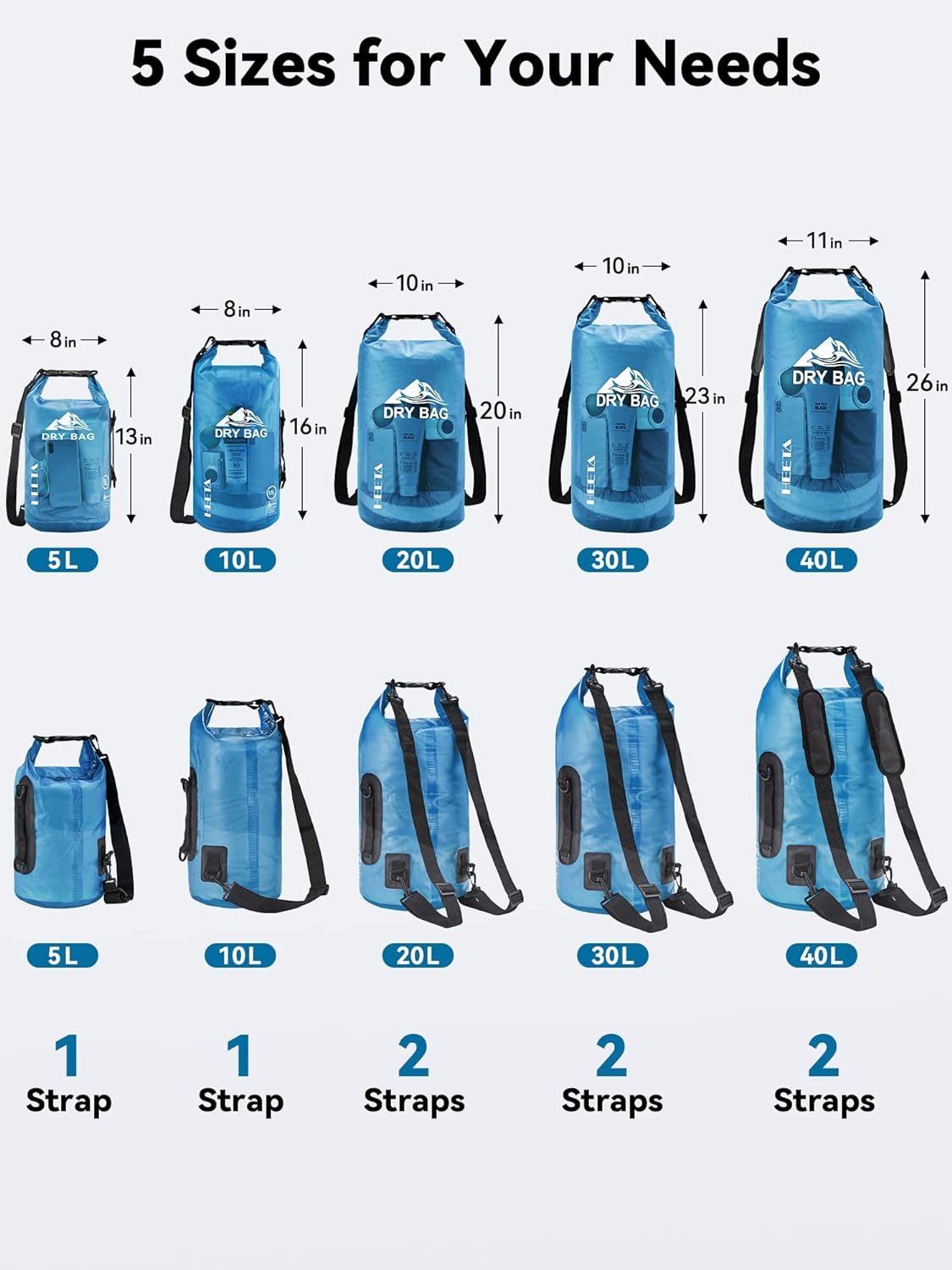 HEETA Dry Bag Waterproof for Women Men, 5L/10L/20L/30L/40L Roll Top Lightweight Dry Storage Bag Backpack with Phone Case for Travel Swimming Boating Kayaking Paddle Board Camping Beach Accessories