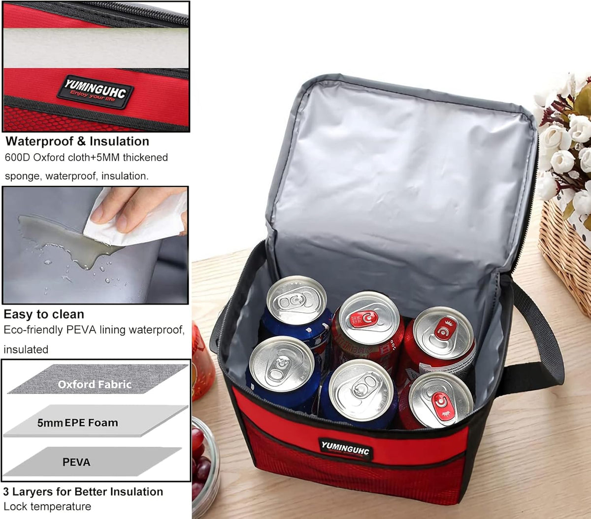 6 Can/5L Lunch Bag for Women Men Portable Lunch Box Small Cooler Bag Soft Collapsible Reusable Insulated Lunch Tote for Everyday Work Travel (Grey)