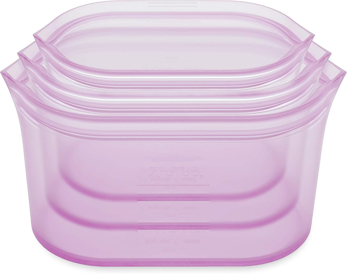 Zip Top Reusable Food Storage Bags | 3 Dish Set [Lavender] | Silicone Meal Prep Container | Microwave, Dishwasher and Freezer Safe | Made in the USA