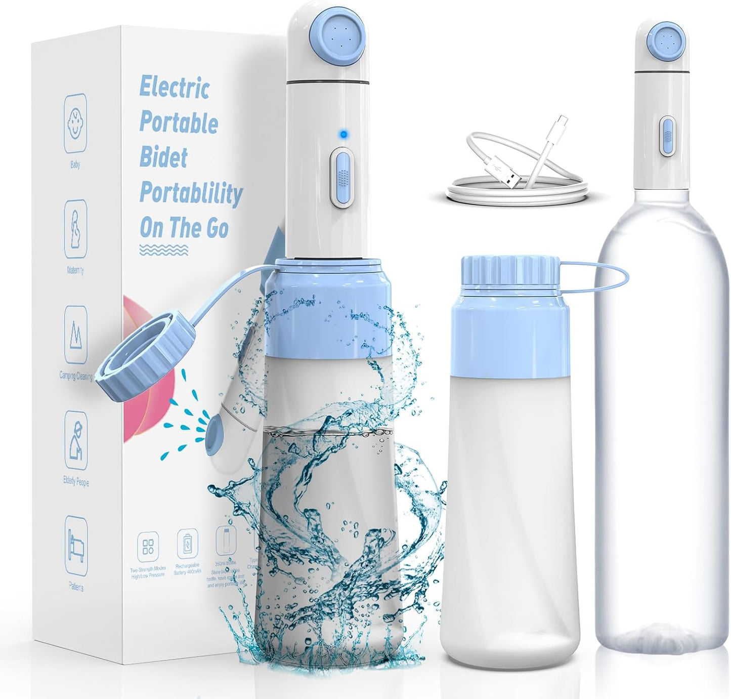 Portable Bidet for Travel – 350ml High Pressure Handheld Electric Portable Bidet - IPX7 Waterproof, Pocket-Sized Rechargeable Travel Budet Bottle for Women, Men & Baby - Personal Hygiene Cleaning