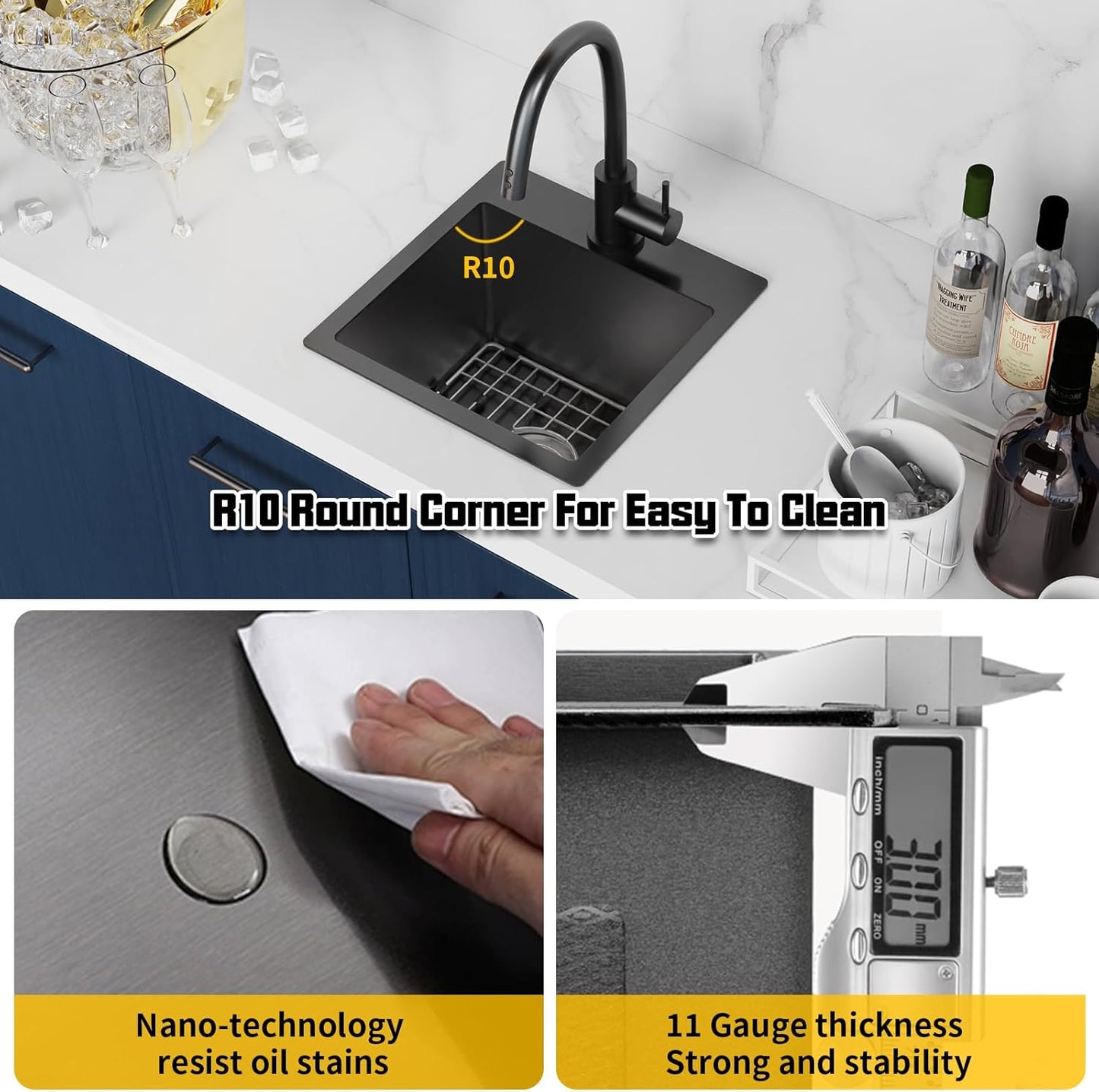Small Black Kitchen Sink,15x15 Inch Stainless Steel Drop In Topmount Kitchen And Bar Sink Ideal Choice For For Small Space, Prep Area, RV With Bottom Grid,Soap Mat And Drain Assembly