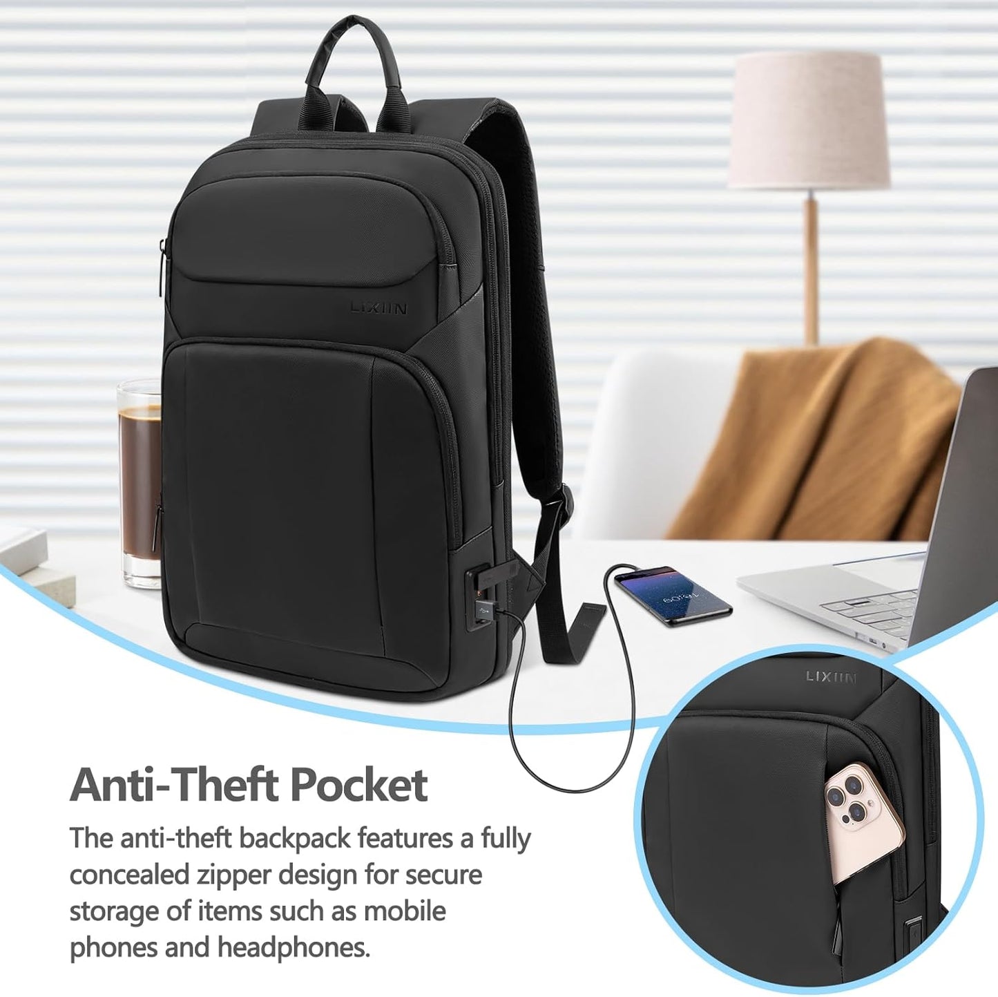 Backpack for Men Slim & Expandable Travel Laptop Backpack with USB Charging Port Water Resistant Anti-Theft Business Backpack Fits 15.6In Laptop for Commute Work College with Small Bag(Business Black)