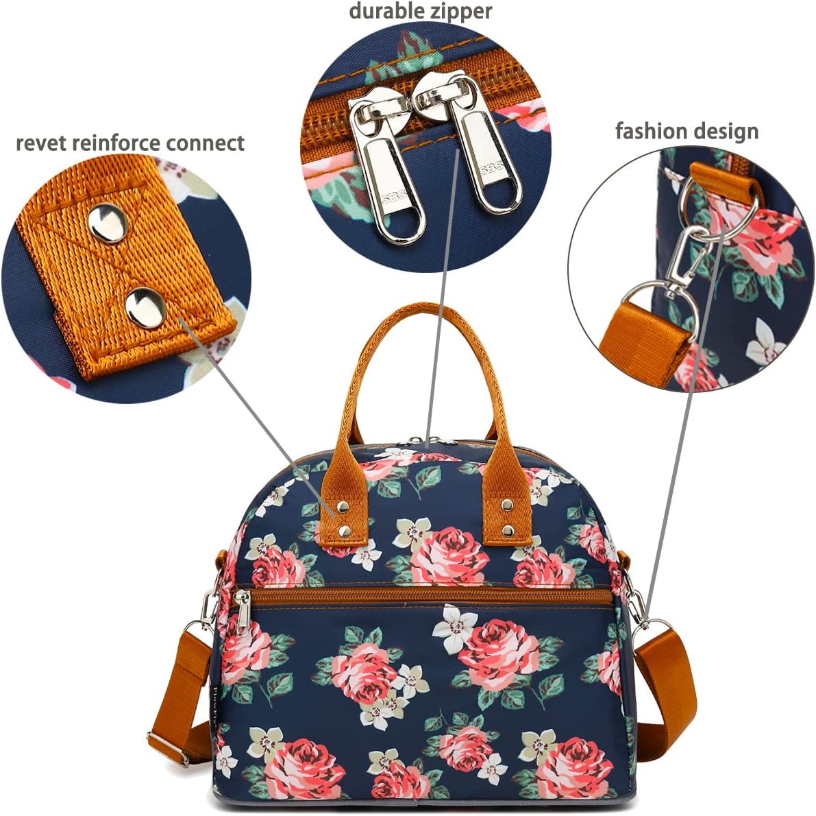 FlowFly Insulated Lunch Bag With Shoulder Strap for Women, Men, and Kids, Large and Reusable, Handle, Freezable Work and School Travel Tote and Meal Prep Organizer,Peony