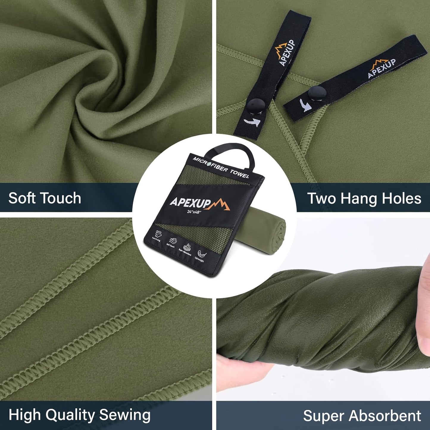 APEXUP Microfiber Travel Towel, Ultra Absorbent Quick Dry Towels, Lightweight Gym Sports Camping Towel for Workout, Yoga, Beach, Shower, Swimming (24"×12", Army Green)