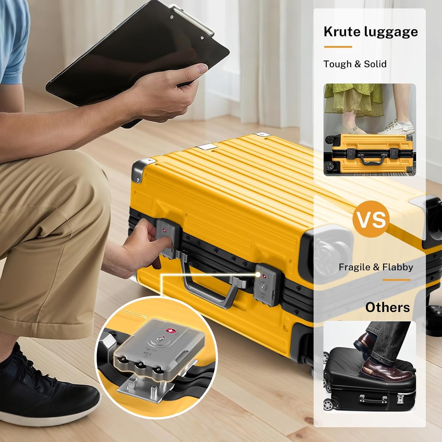 Krute Aluminum Frame Carry On Luggage 20 Inch Zipperless Luggages USB Charger Hardside PC Suitcase With Spinner Wheels Airline Approved Hard Shell Suitcases with TSA Lock (1 Piece)