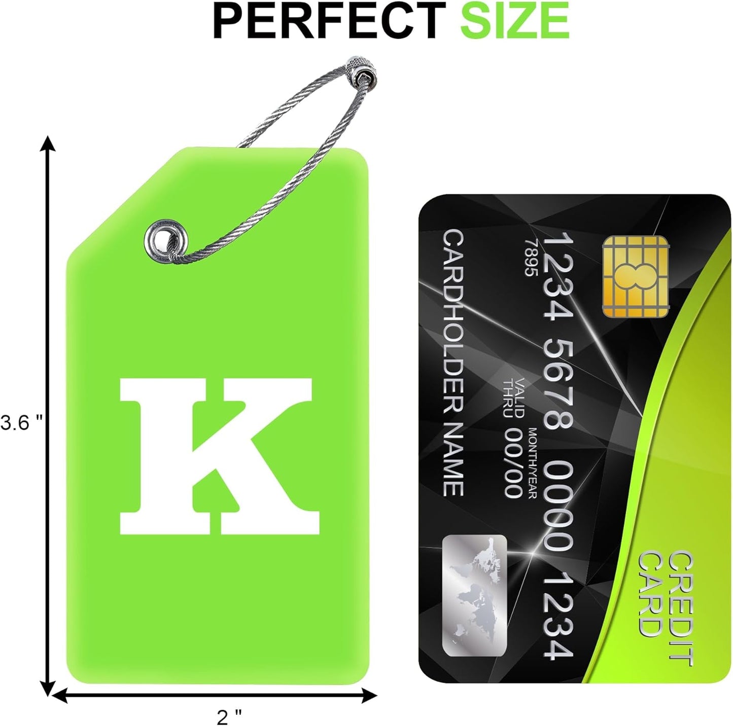 8 Pcs Luggage Tags for Suitcases, 26 Initial Letter Travel Luggage Baggage Identification Labels ID Tags Fully Bendable Tags with Stainless Steel Loop (Letter K, Green)
