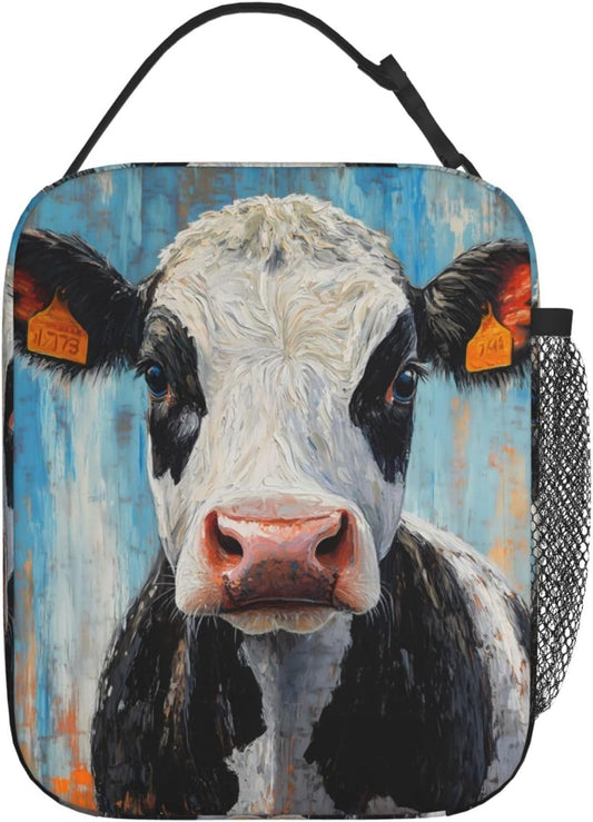 Cow Lunch Box for Kids Aldults, Realistic Animal Reusable Thermal Insulation Cooler Tote Bags, Black White Calf Pattern Insulated Bag for Student, School Picnic Camping Travel, Gifts
