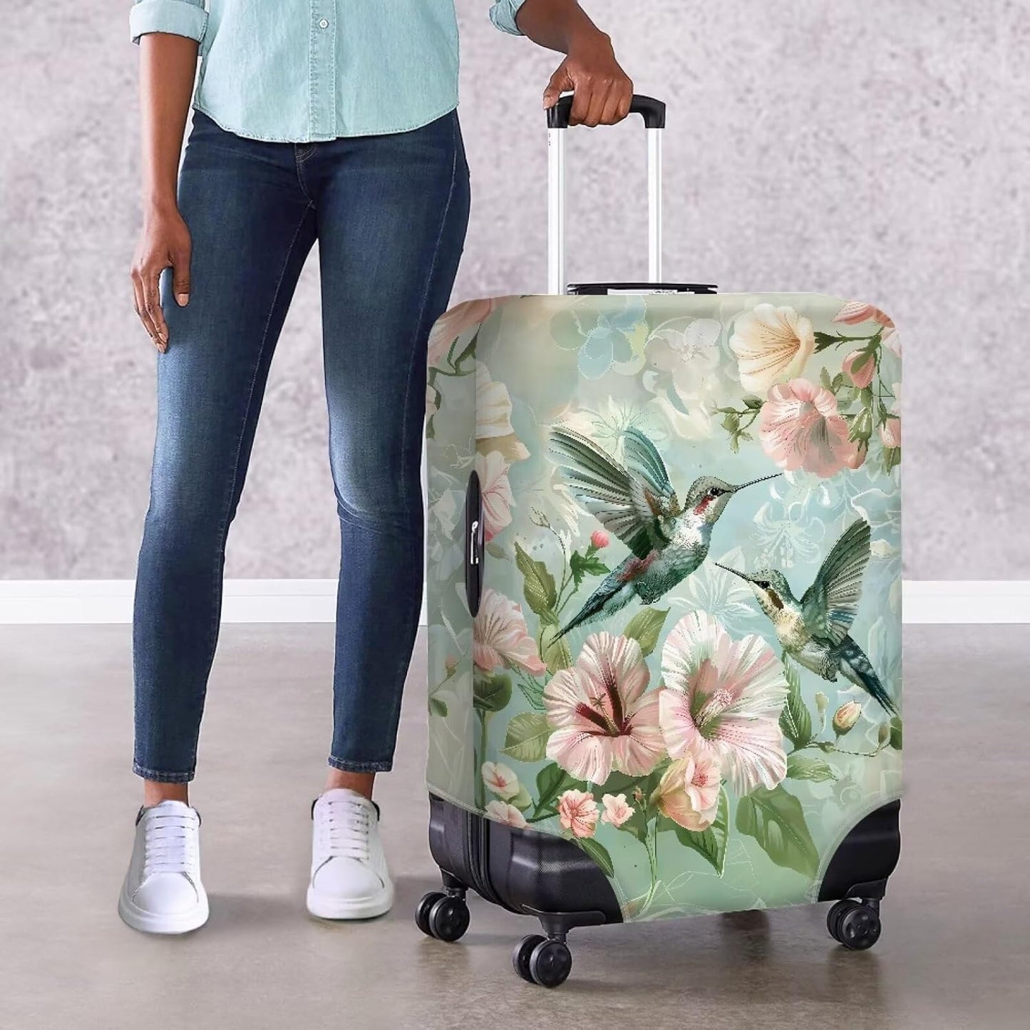 Hummingbird Luggage Cover for Women Travel Luggage Covers for Suitcase Elastic Spandex Suitcase Covers Protector with Zipper Flower Suitcase Covers for Luggage Fit 26-29 Inch