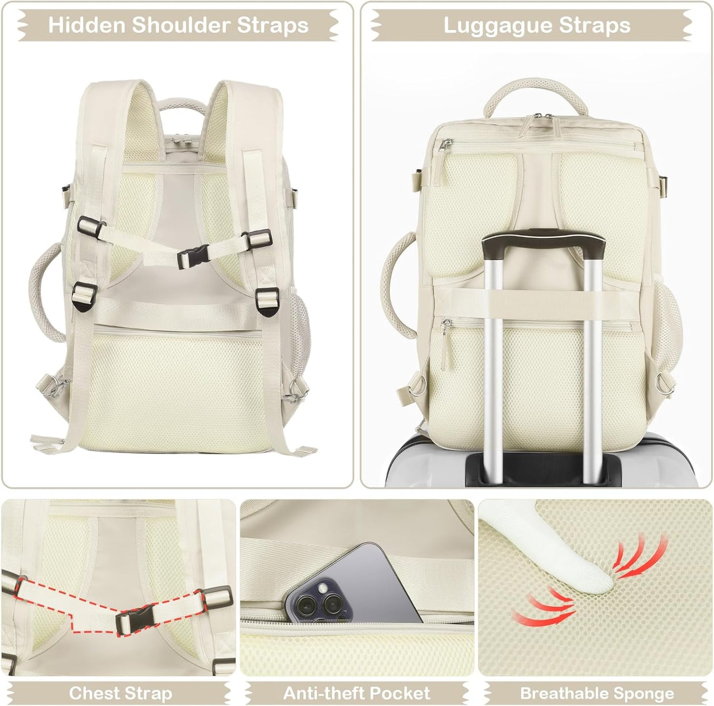 Hanples Large Travel Backpack for Women, 35L Carry on Luggage Backpack, College Laptop Backpack Airline Approved Business Work Bag Fits 17 Inch Computer for Men with 2 Toiletry Bags (Beige)