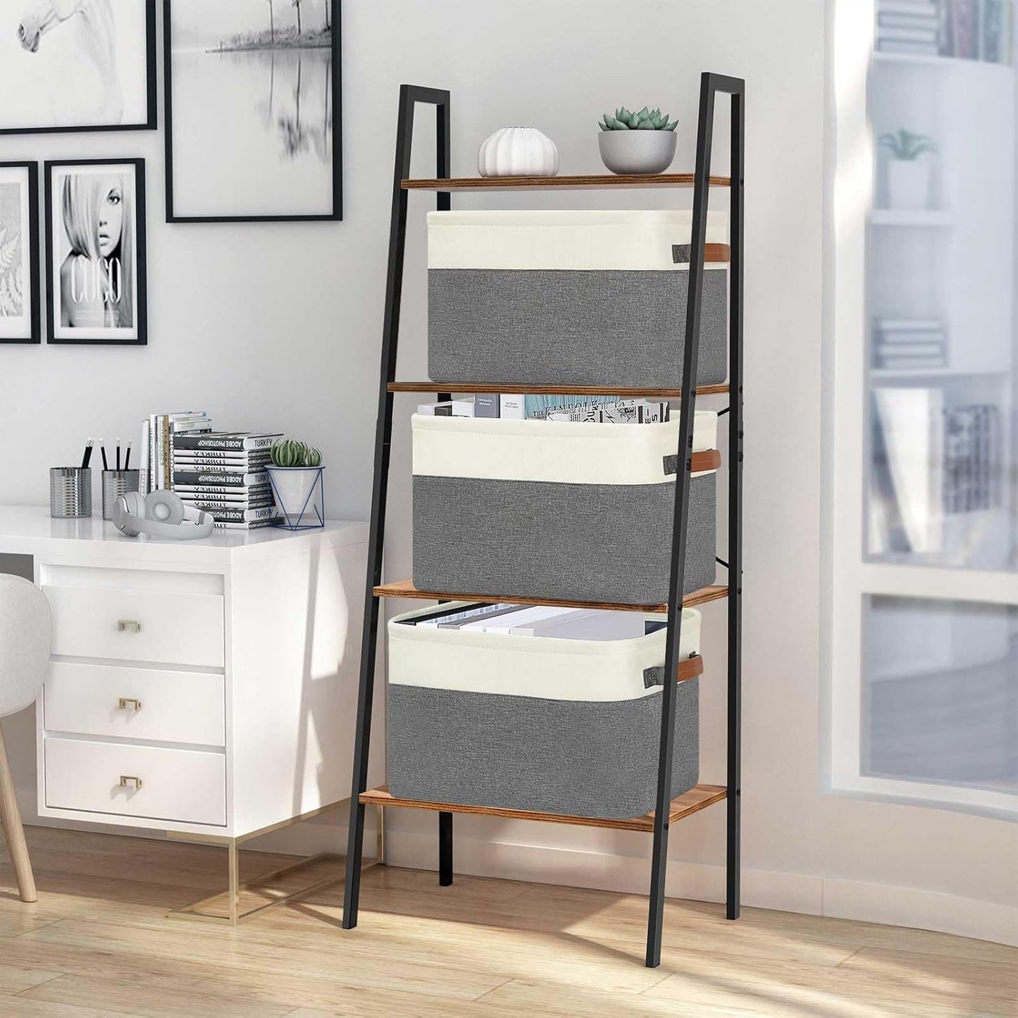 GhvyenntteS Large Fabric Storage Baskets for Shelves with Metal Frame Opening & Hard Bottom Board, Collapsible Fabric Storage Bins for Shelves with Handles (15x11x9.6 Inch, 3 Pack, Grey)