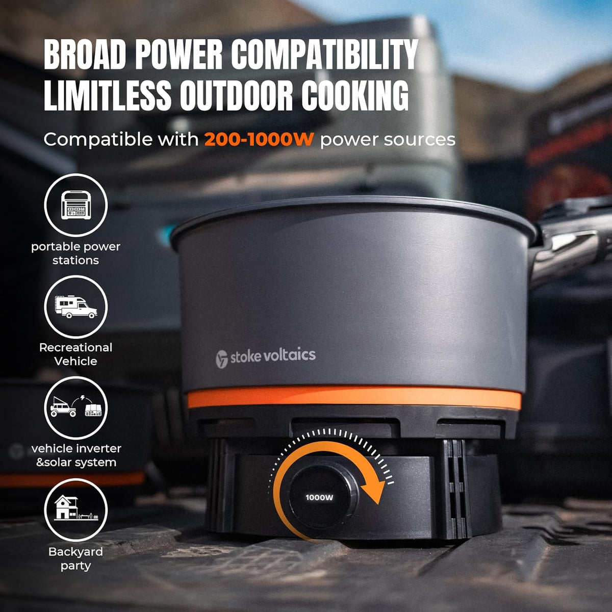 Nomad Cooking System, Electric Camping Stove 200-1000W with Pan & Pot, 120V Portable Outdoor Cooking Gear Set, Windproof Cookware for RV, EV, Overland, Vanlife, Car Camping