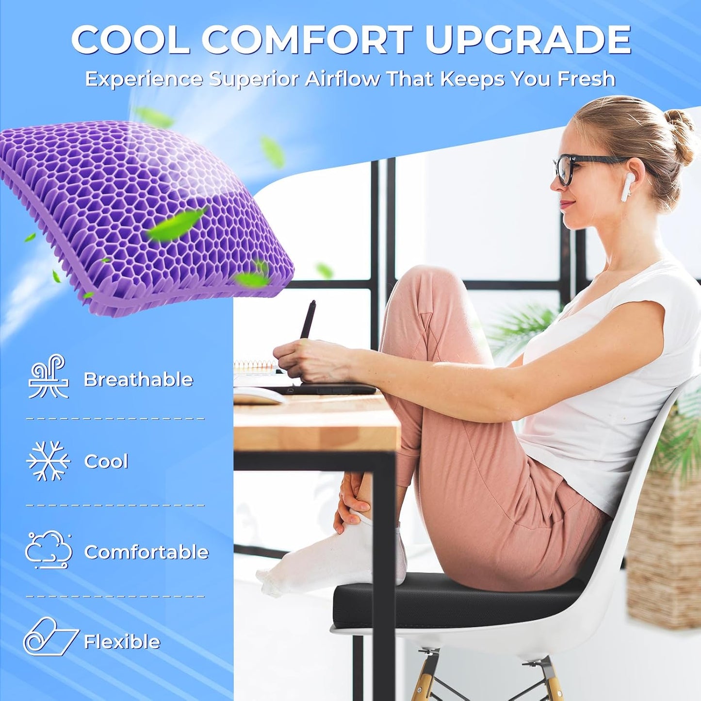 TushGuard Gel Seat Cushion for Long Sitting, Enlarged & Thickened Patent Design Office Chair Seat Cushion, Breathable Cooling Pads for Chairs, Soft Car Cushions for Wheelchair(X-Large, Black)