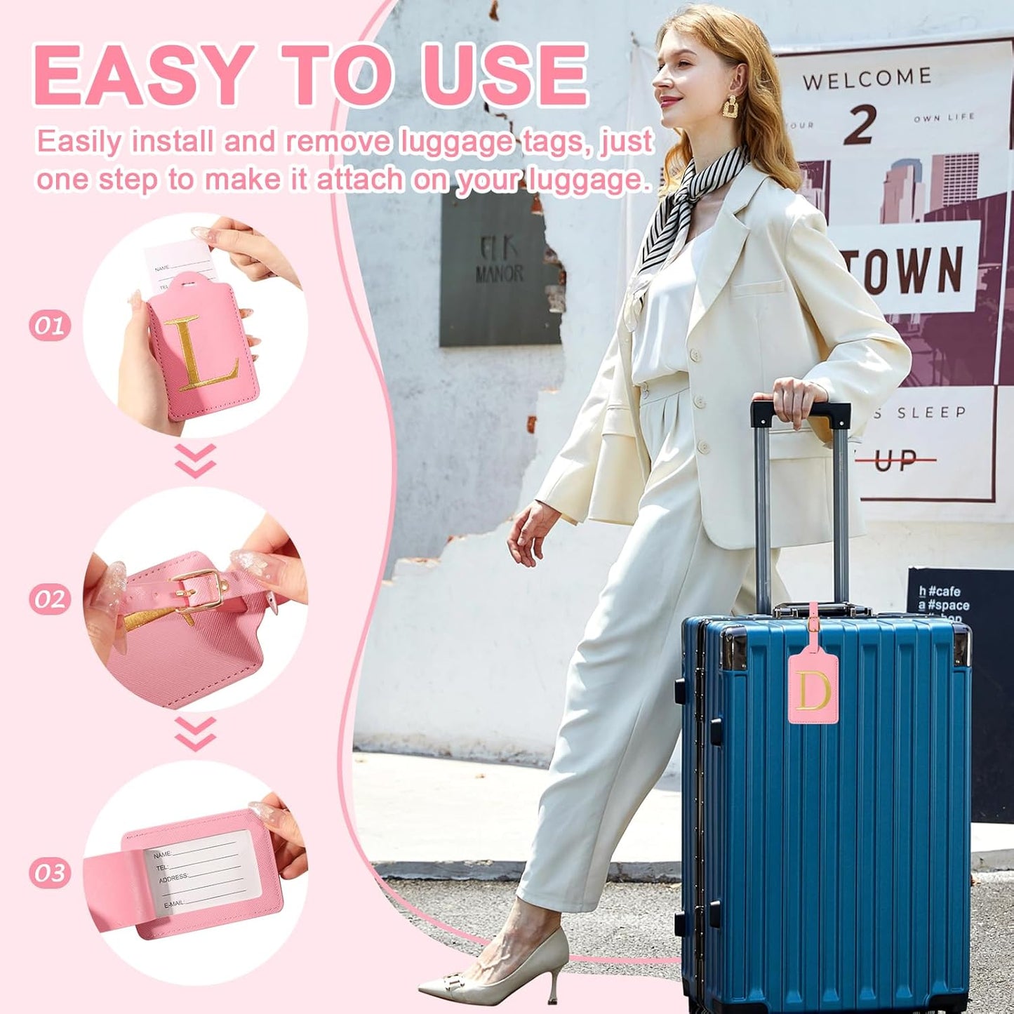 Personalized Initial Luggage Tags for Suitcase, Pink Leather Cute Luggage Tags with Privacy Cover Name Card, Embroidered Custom Monogrammed Luggage Tag Travel Bag Baggage Tags Gifts for Women Kids(D)