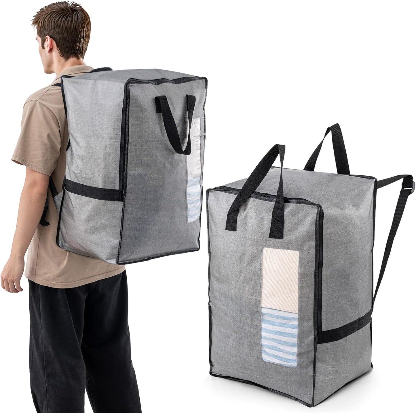 TAILI 2 Pack Gray Moving Bags w/Adjustable Backpack Straps, Moving Supplies, Moving Boxes Alternative, Heavy Duty Storage Totes for College Packing, Camping Backpack for Travel, Dorm, Laundry
