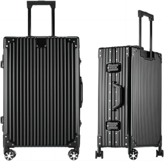 HotWay 28 Inch All Aluminum Checked in Luggage, Hard Shell Suitcase with Spinner Wheels and TSA Lock, Large Silver Suitcase for Travel, Black