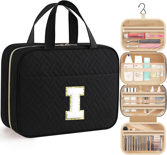 HOTOR Travel Toiletry Bag - Personalized Chenille Initial Makeup Bag, Water-Resistant Personalized Gifts for Women, Portable Travel Accessories & Essentials, Letter I, Black, 11.4"×9.0"×3.35"