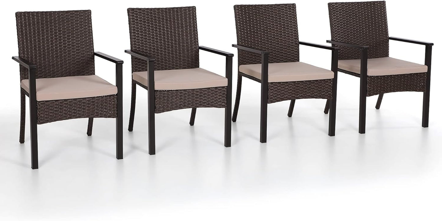 PHI VILLA Outdoor Wicker Chairs Set of 4, Rattan Covered Metal Armchairs with Removable Cushion, Heavy Duty Furniture Set for Patio, Deck, Porch, Yard